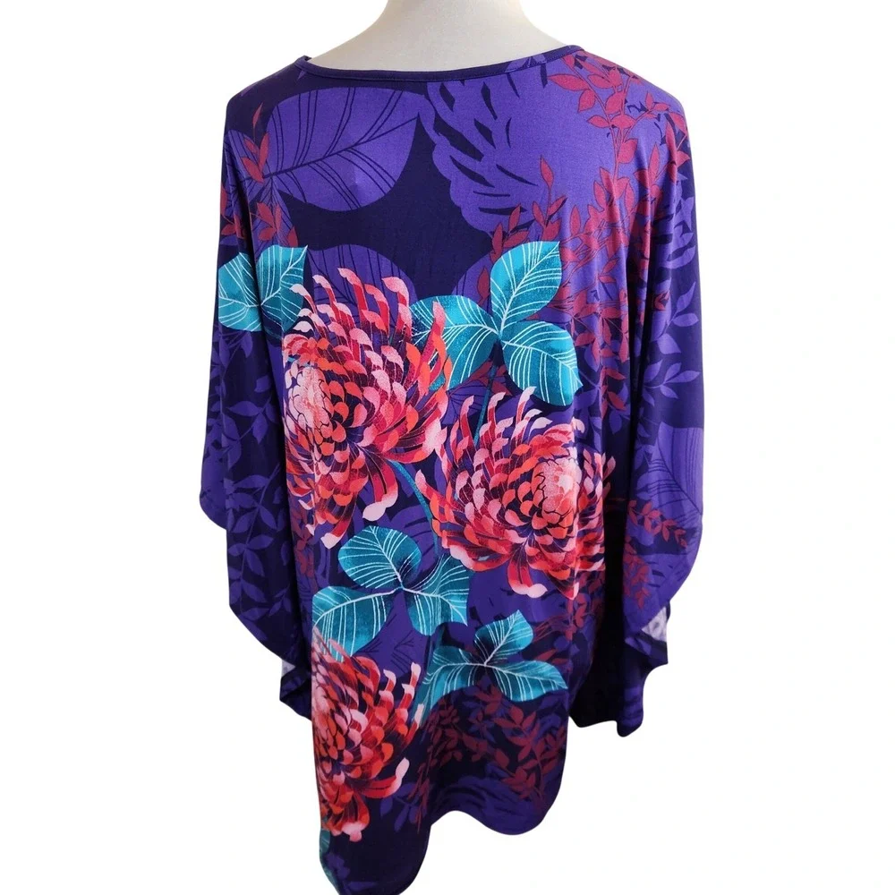 Quacker Factory Jeanne Bice Purple Floral Rhinestone V-Neck Poncho Top Sz XL NWT